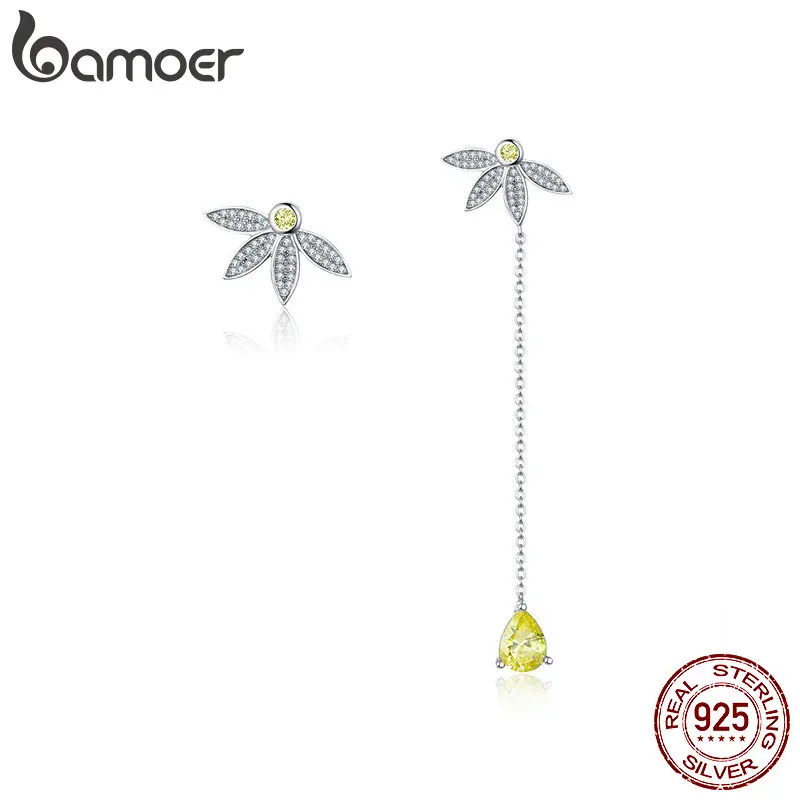 

bamoer Asymmetry Flower Dangle Earrings for Women Half Flower Long Chain Drop Earing Silver 925 Korean Design Jewelry BSE155