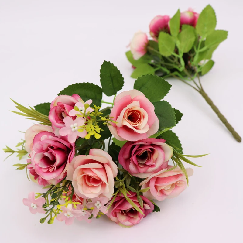 

10 heads/bouquet Artificial Flowers Small Bud Silk Rose Simulation Flowers Green Leaves Home Vase Garden Decoration For Wedding