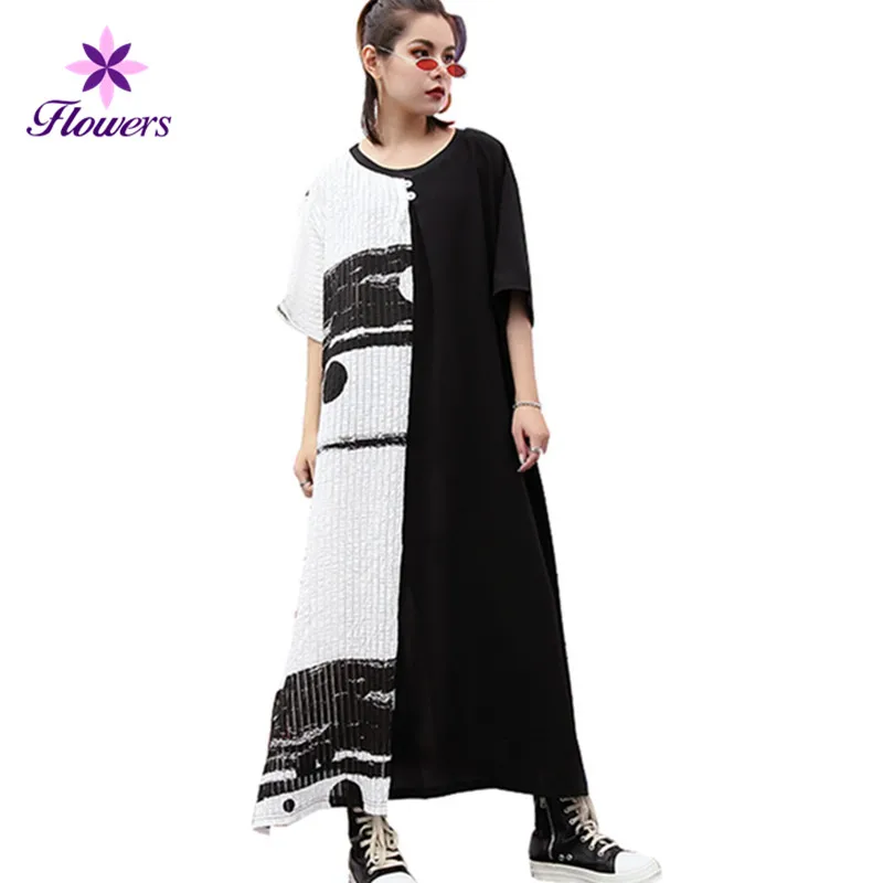 

Summer Dress Women 2018 New Plus Size White Black Stitching Irregular Short-sleeve Loose Thin Side Slit Long Dresses Womens LR47