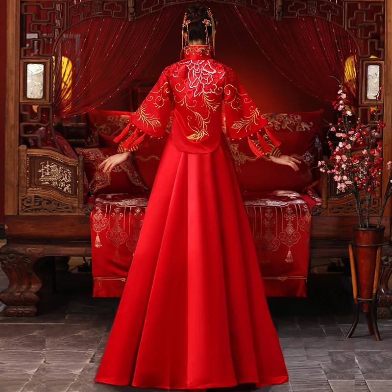 Свадебное платье невесты Традиционный китайский стиль костюм Феникс cheongsam вышивка костюмы роскошные древний Королевский красный Qipao