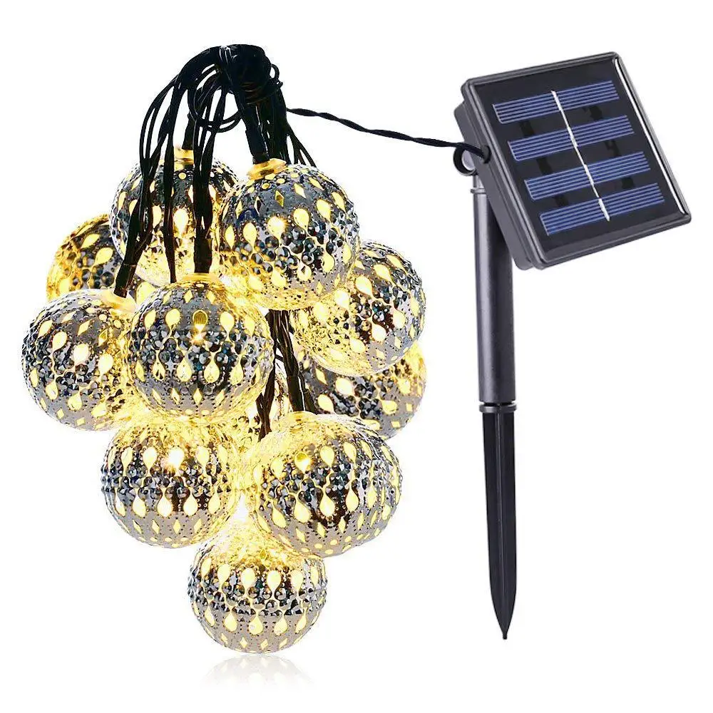 

10 LED Solar Powered Fairy Light Moroccan Lantern Silver Metal Globe Waterproof String Lights Ball Star Garden Decorative Lamp