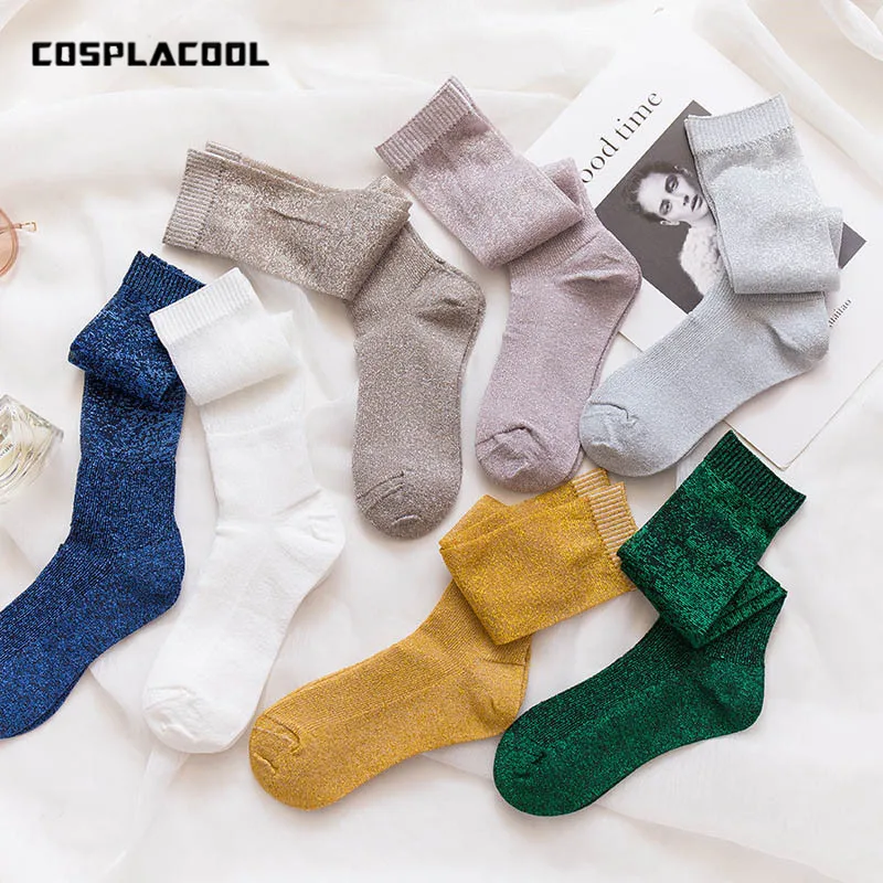 

[COSPLACOOL]Gold Silver Silk Shiny Lace Heap Heap Socks Women Cute Mesh Sokken Funny Shiny Socks Harajuku Japan Calcetines Mujer
