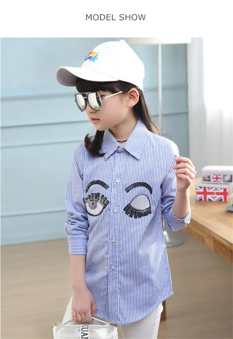 3-12 y kids girls shirts spring autumn girl long sleeve shirt school clothes stripe sequins eye 12 years children clothing top (1)