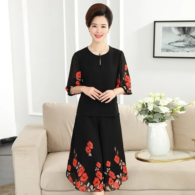Two Piece Set ShirtsTops And Elastic Waist Capris Pant Casual Floral Print 2-pieces Sets Summer Clothes For Women Plus Size 6XL