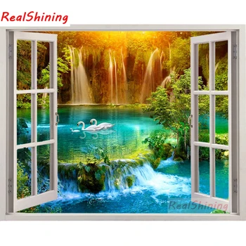 

5D Diy Diamond Painting Cross Stitch full Square Diamond Embroidery Waterfall swan window picture for room Decor H1125
