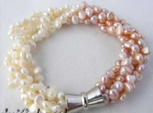 

Free shipping hot sale Women Bridal Wedding Jewelry >>5strands 8'' 5mm White Pink baroque Freshwater Pearl Bracelet