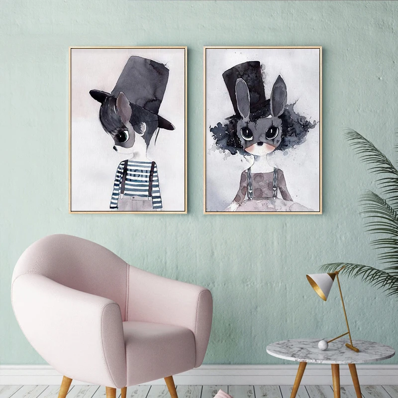 

Nordic Style Rabbit Girl Boy Canvas Art Print Painting Poster , Ins Cute Cartoon Rabbit Wall Pictures for Kids Room Decoration
