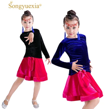 

Girl Latin dance skirt Long Sleeve latin Dance Skirt robe danse latine Children Velvet Practice Girl Latin dance skirt