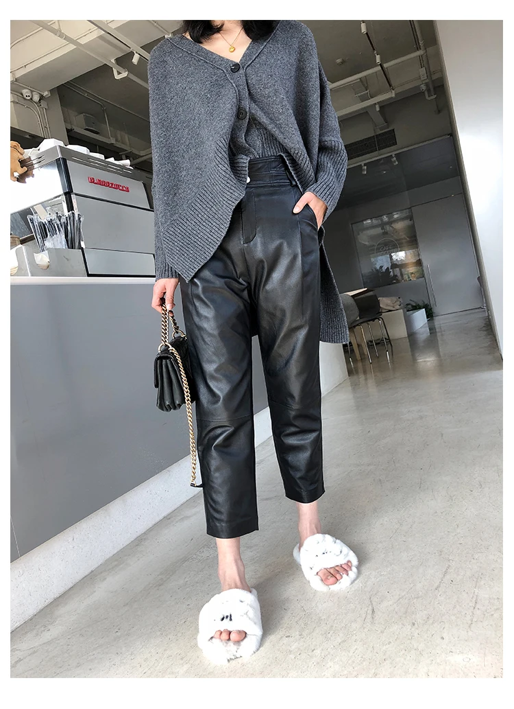 Women Ankle-Length Pants Genuine Sheep Leather Fashion Natural Genuine Sheep Leather Crop Jeans Harem Pants