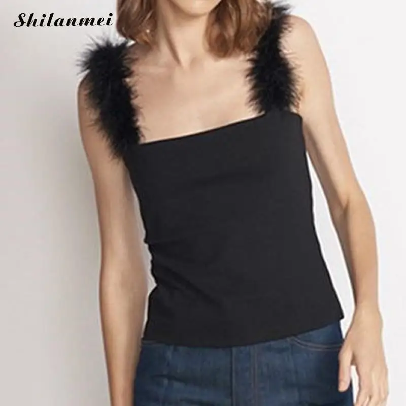 

2018 Fashion Summer Women Fuzzy Faux Fur Spaghetti Crop Tops Slim Feathers Strap Camis Tank Top Sexy Backless Bustier Camisole