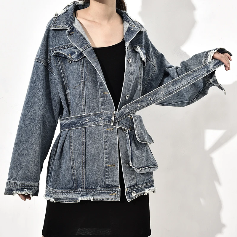 

LANMREM 2019 New Spring Summer Lapel Long Sleeve Blue Pocket Loose Split Joint Big Size Jacket Women Coat Fashion Tide AD4910