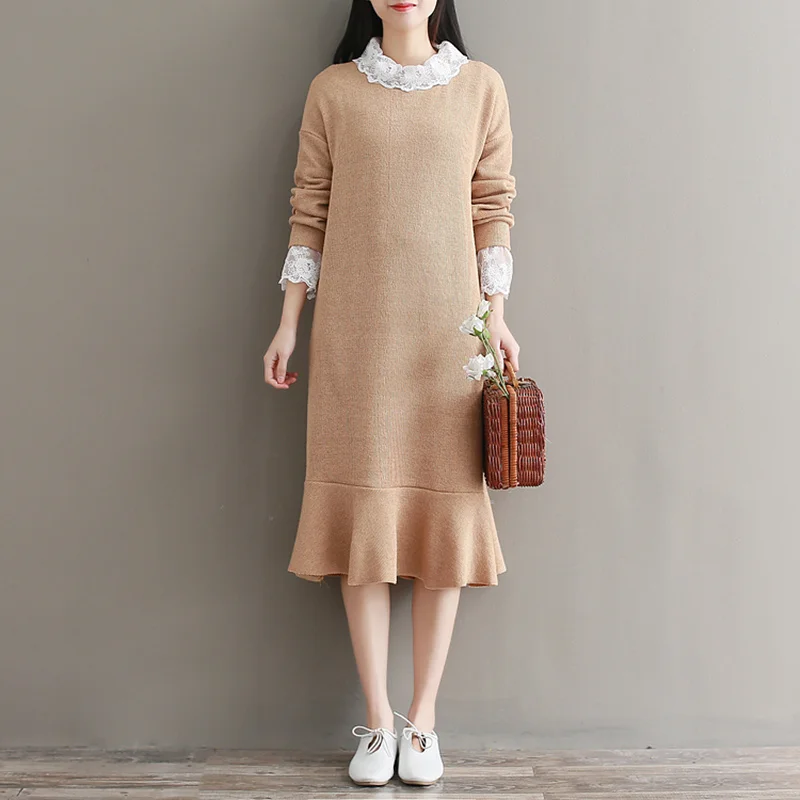 2018 spring knitted fishtail flounced lace faux two pieces dress