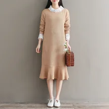 2018 spring knitted fishtail flounced lace faux two pieces dress