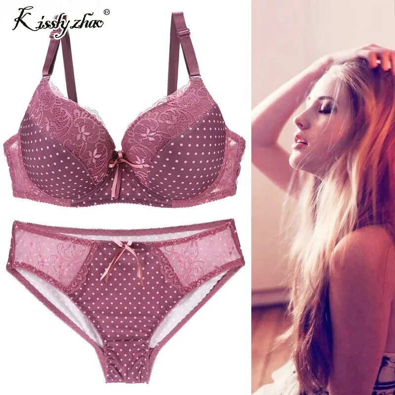 Lady Sexy Women Bra Set Plus size Floral Dot Lace Bralette Briefs Set Elegant Thin cup Bra Underwear Women Lingerie Set