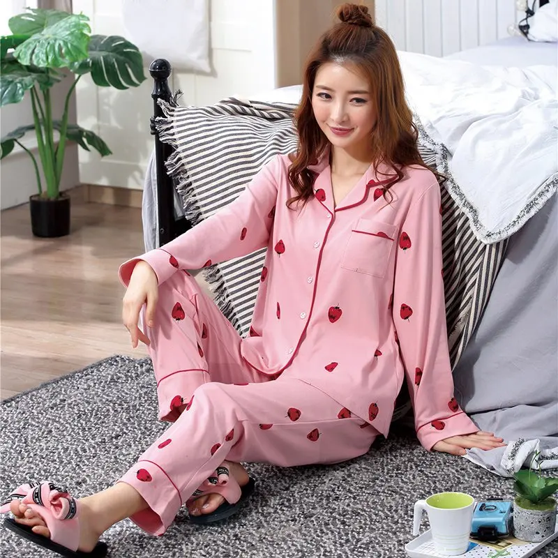ETOSELL Для женщин Комплект пижам с длинными рукавами с принтом в полоску пижамы v-образным вырезом милый кардиган домашняя женская одежда