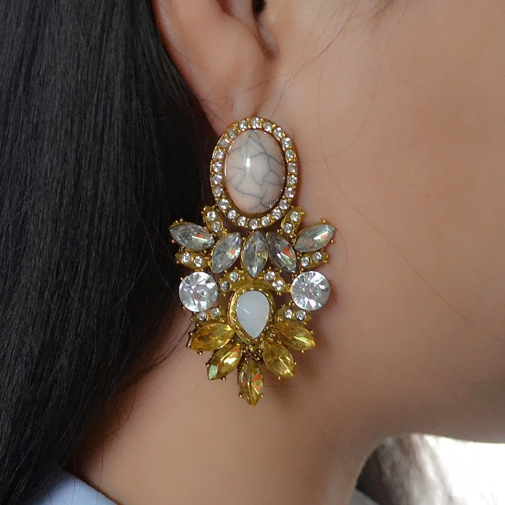 

Wholesale Fashion Luxury Stone Rhinestone Statement Ears Design Jewelry Big Gem Crystal Leaf Drop Earrings Women Wedding Bridal