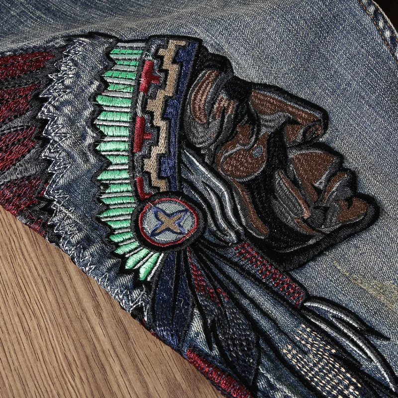 Cotton Embroidery Straight Men Jeans Trousers Slim Appliques Stonewashed Zipper Fly Full Length Fear Of God Mens Biker Fashion 