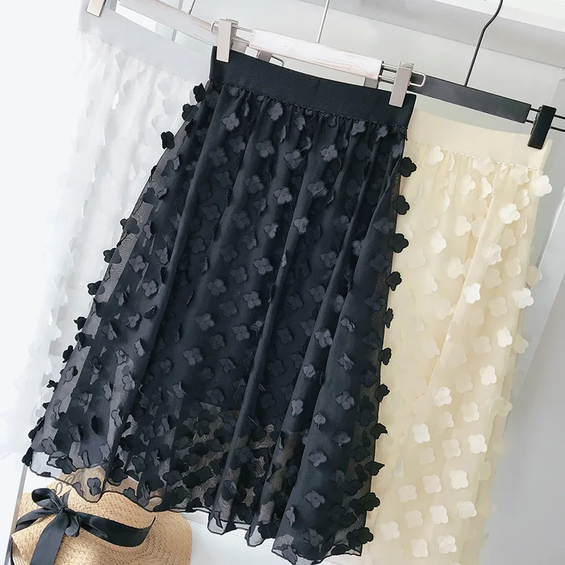 

2019 Girls Skirt Pleated Women Skirts Spring Summer Tulle Lace Three Dimensional Flower Embroidery Chiffon Skirt Fresh Long