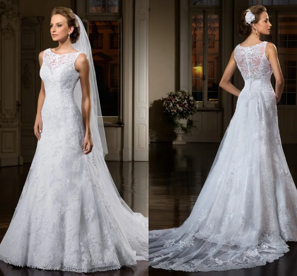 

Hot Selling A-line Lace Appliques Scoop A-line Lace Wedding Dresses Detachable train Bridal Gowns Vestido de noiva 2015