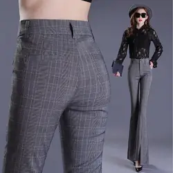 Мода 2019 г. расклешенные брюки для девочек для женщин осень весна узкие брюки клеш s Высокая талия мотобрюки ПР Стиль клетчатые брюки-клёш