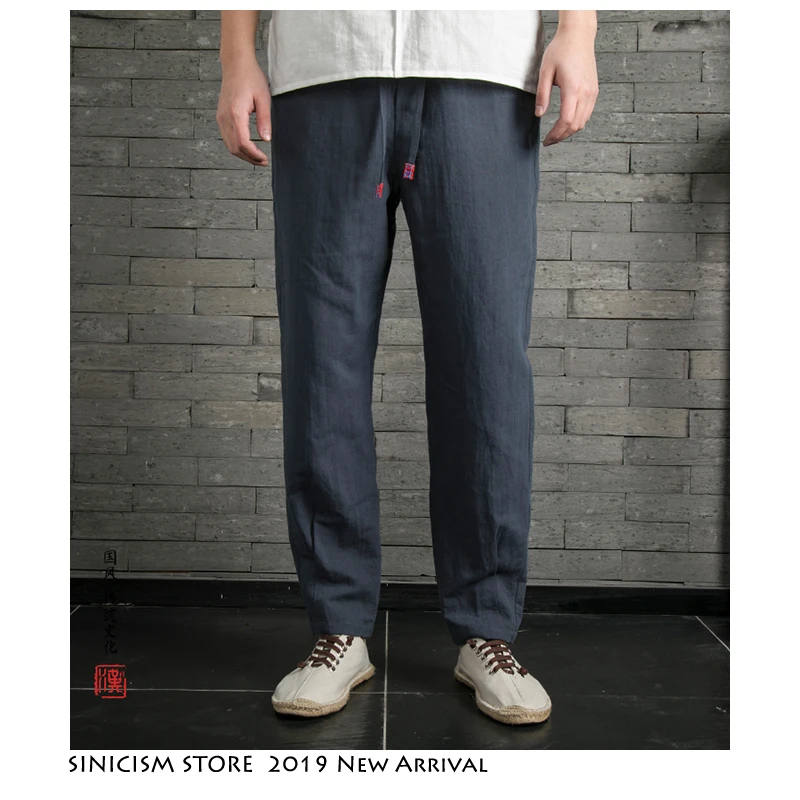 Sinicism магазин летние однотонные кружевные китайские традиционные Брюки Мужские Винтажные льняные кунг-фу брюки для мужчин ретро брюки