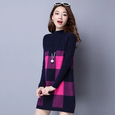 Новое Женское платье-свитер, осенний зимний пуловер, кашемировый свитер с половинной горловиной размера плюс, Свободный вязаный свитер, мини-платье для женщин K782 - Цвет: Navy blue grid