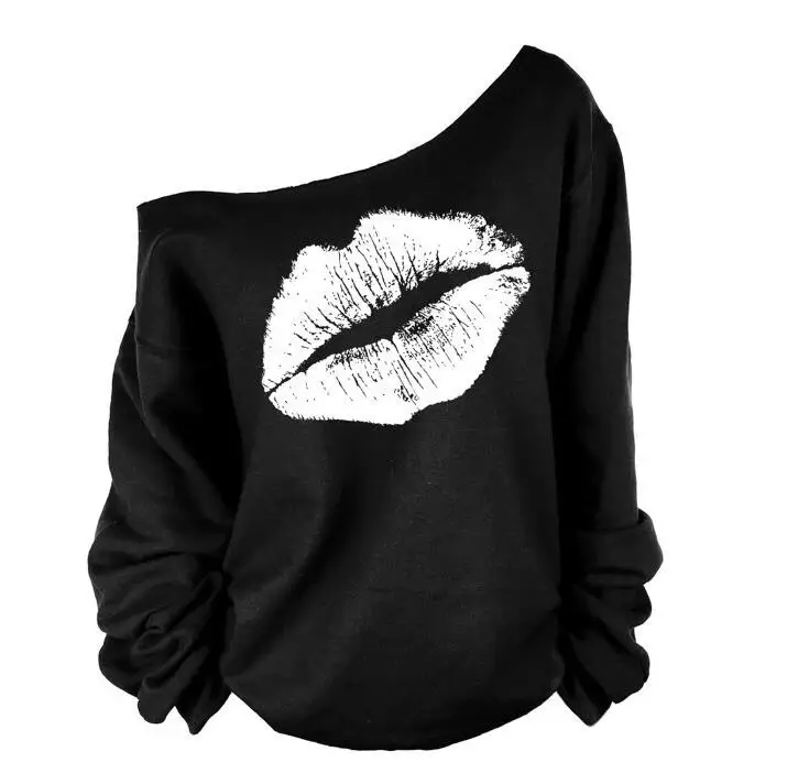 

New Women Long-sleeved Printing Big Lips Sexy Oblique Shoulder Tops