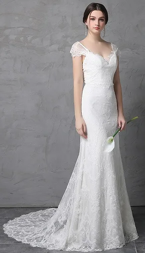 Кружевное свадебное платье-футляр, настоящая фотография, рукава-крылышки, галстук-бабочка, v-образный вырез на спине, высокое качество - Цвет: Слоновая кость
