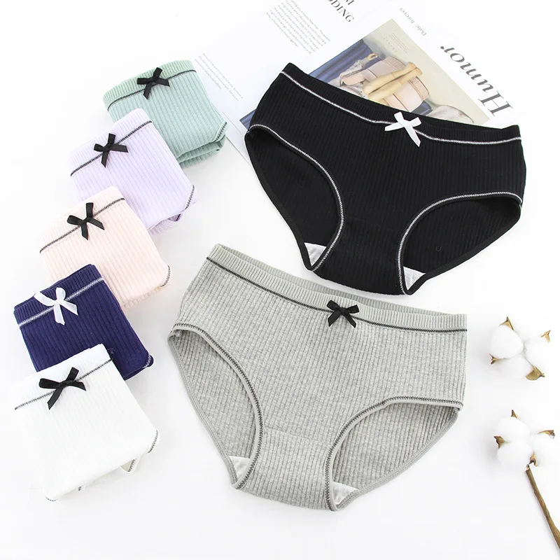Threaded Pure Cotton Mid waist Breathable Ladys Underwear Simple