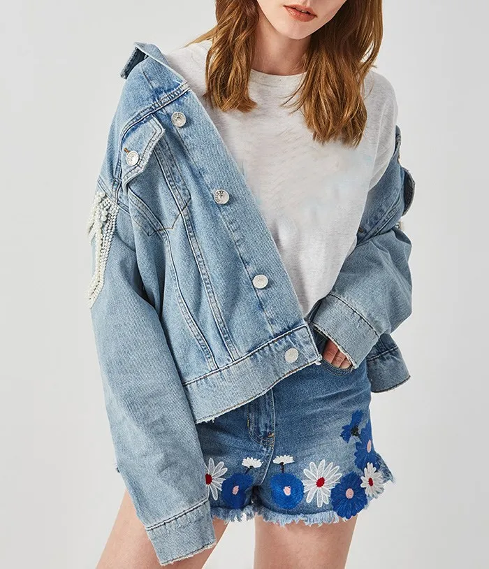 Vintage Perle En Jeans 2018 Veste Bleu Femmes Manches À Lâche Jean Broderie Longues Floral Perles Bomber w8fw4q
