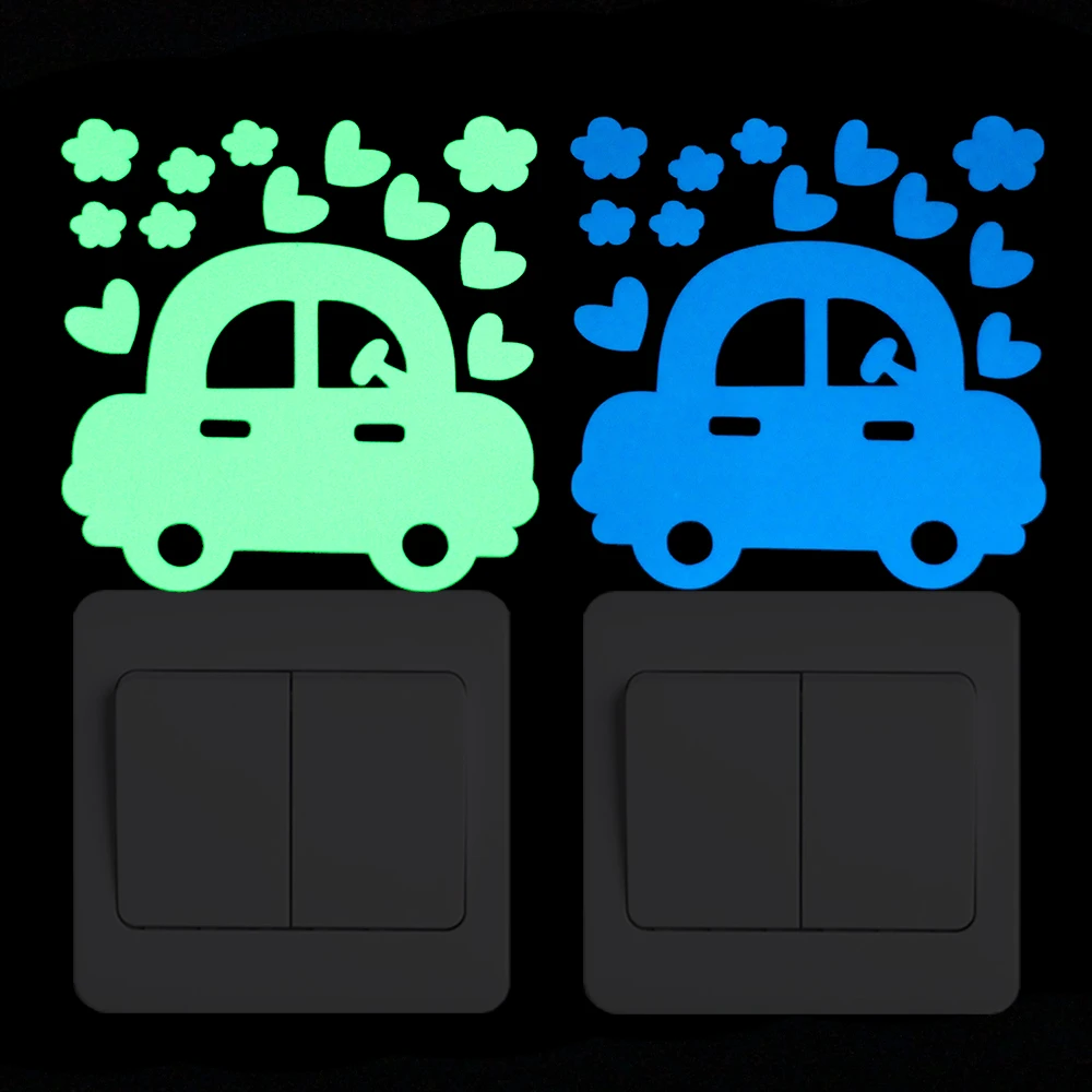 

Cartoon Car Luminous Switch Sticker Home Decor Glow in the Dark Flower Wall Decoration Sticker Kids Room DIY Decor Heart Sticker