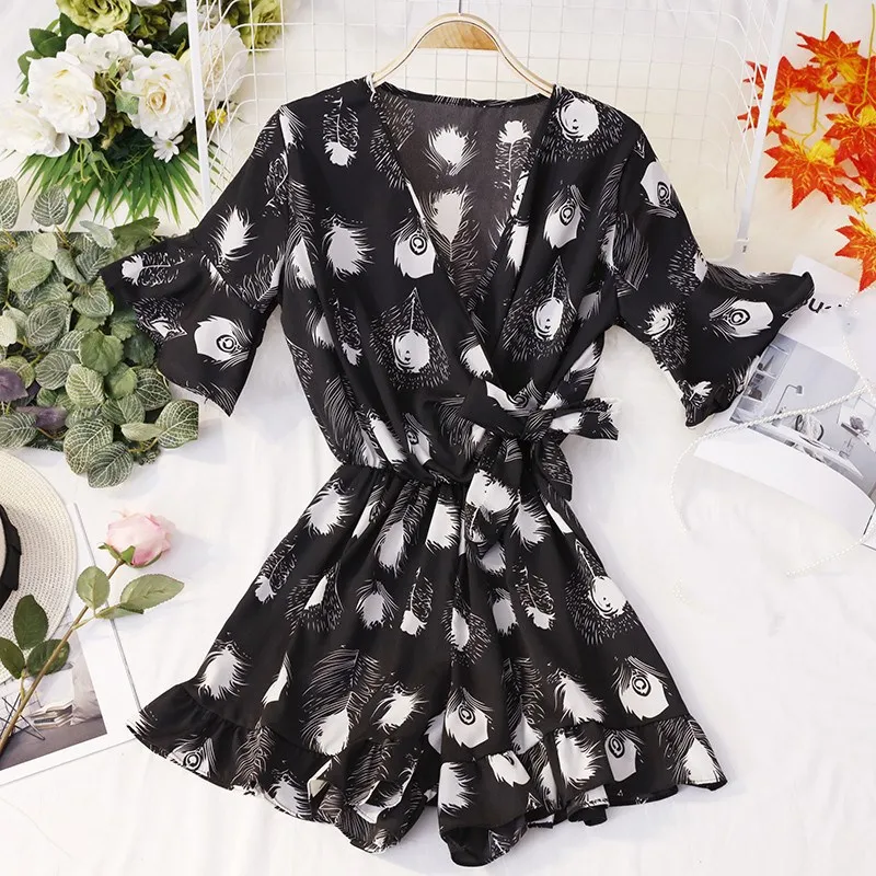 Deep V Neck Summer Bodysuits Women Green Leaves Print Beach Playsuit Sashes Female Short Overalls Boho Jumpsuit Deep V Neck Summer Bodysuits Women Green Leaves Print Beach Playsuit Sashes Female Short Overalls Boho Jumpsuit