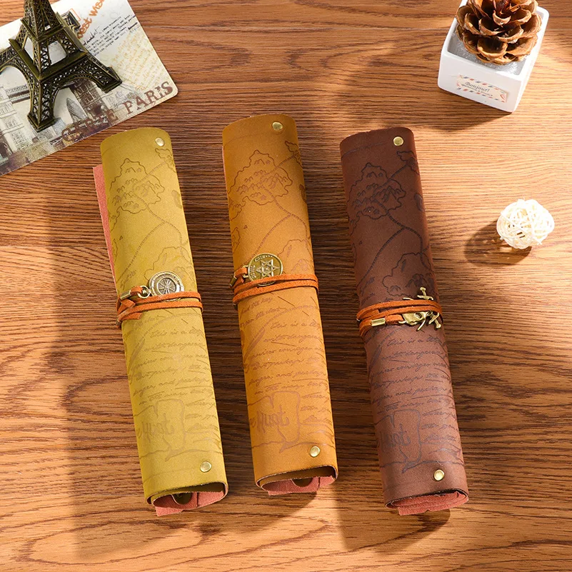

2017 Retro Vintage Pirate Roll Up PU Leather Pen Pencil Case Bags Treasure Map Kid Party Gift Favor Make up Cosmetic Bag