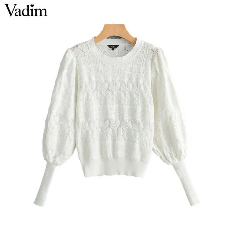 

Vadim women chic solid white knitted sweater long lantern sleeve strechy hollow out O neck female casual fashion tops HA400
