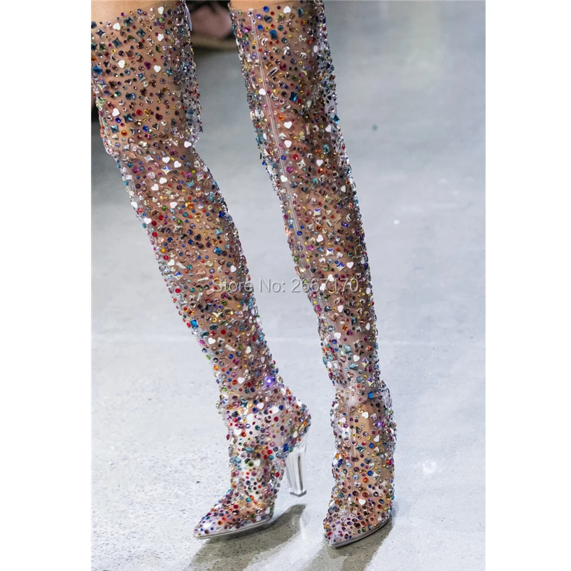 

Colorful Rhinestone Glitters Transparent Runway Shoes Pointed Over Knee Botas Mujer Perspex Clear Heel Crystal Thigh High Boots