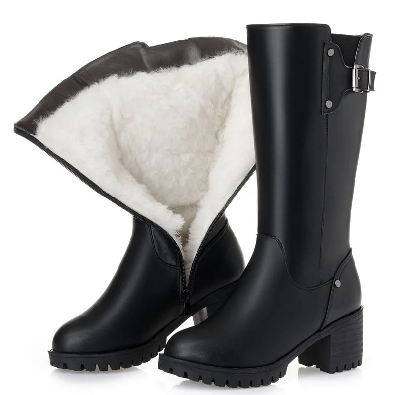 Women Boots Natural Wool Fur Warm Snow Boots Women Winter Flats Mid Calf Boots Genuine Leather Waterproof 35-43