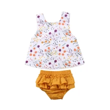 Одежда для маленьких девочек желтая футболка с цветочным принтом Топы Корректирующие+ Шорты с кружевом 2 шт. милый набор