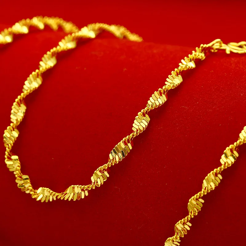 XP Water Wave Necklace Chain Women Solid 24K Yellow Gold Filled