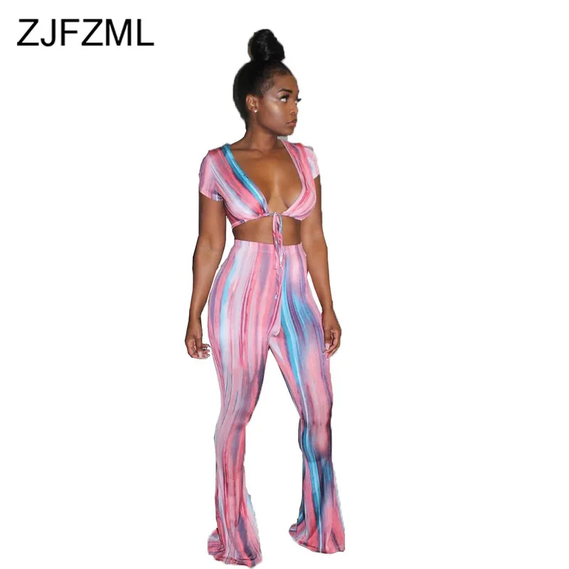 

Colorful Tie Dye 2 Piece Sweat Suits Summer Clothes For Women Deep V Neck Short Sleeve Crop Top + Bodycon Pants Sexy Club Outfit