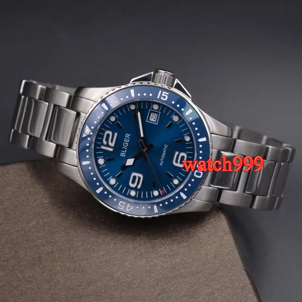 Новые модные автоматические мужские часы BLIGER 40 мм Дата, сапфировое керамика со стразами рамка раскладные застежки механические мужские часы