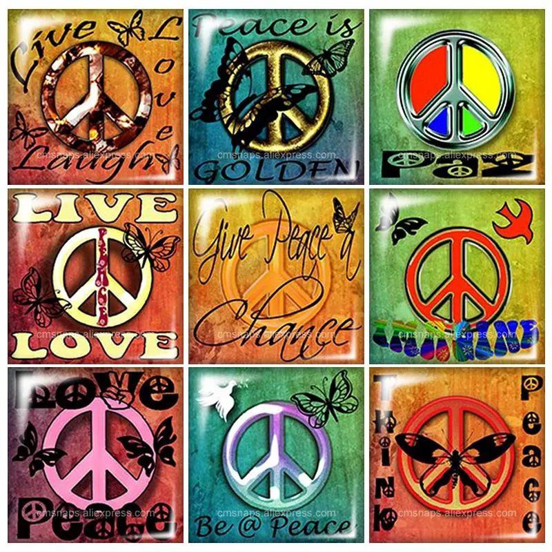 

New beauty Peace symbol wrods 10pcs mixed 12mm/20mm/25mm/30mm Square photo glass cabochon demo flat back Making findings FB0068