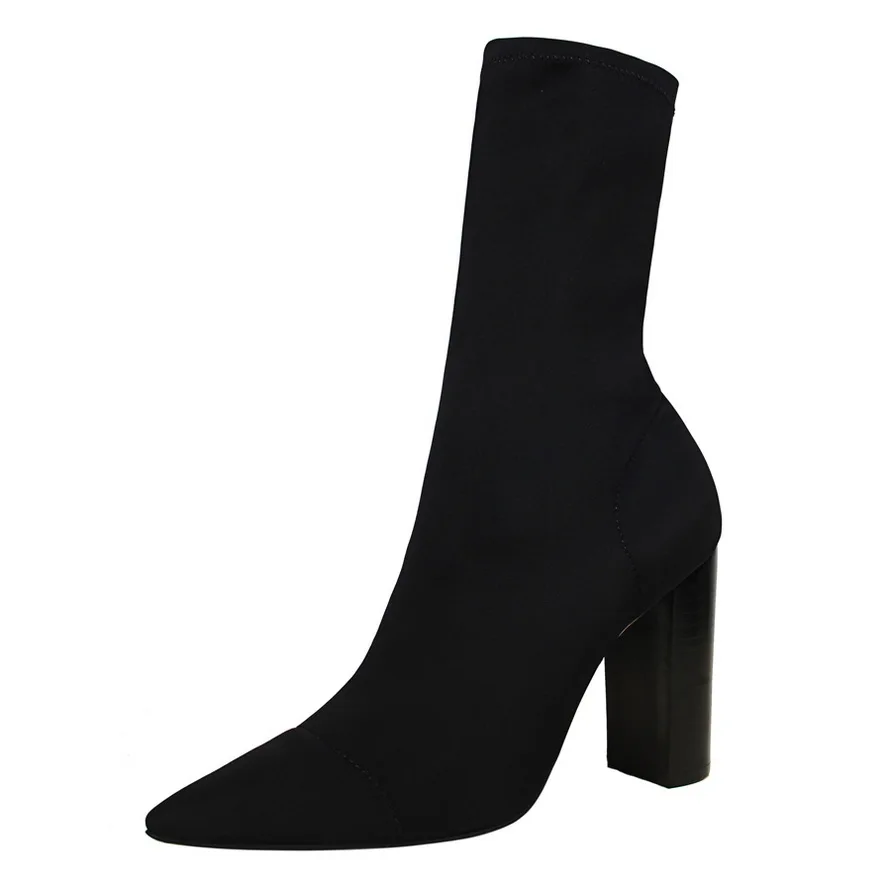 {D& Henlu}/весенне-Осенняя обувь с эластичными носками женские ботинки с носками женские ботинки до середины икры женские туфли малых размеров из лайкры с квадратным каблуком - Цвет: black boots