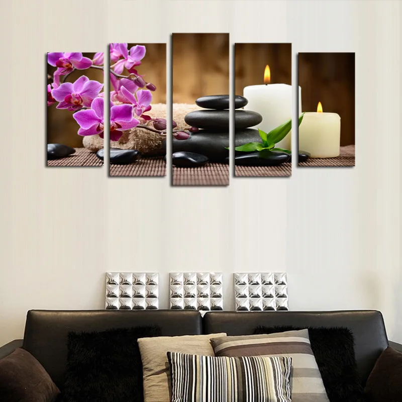 

5 Panel Abstract Art Modern Wall Paintings Stone Purple Flowers Decorative Picture Wall Art Top Wall Pictures For Living Room