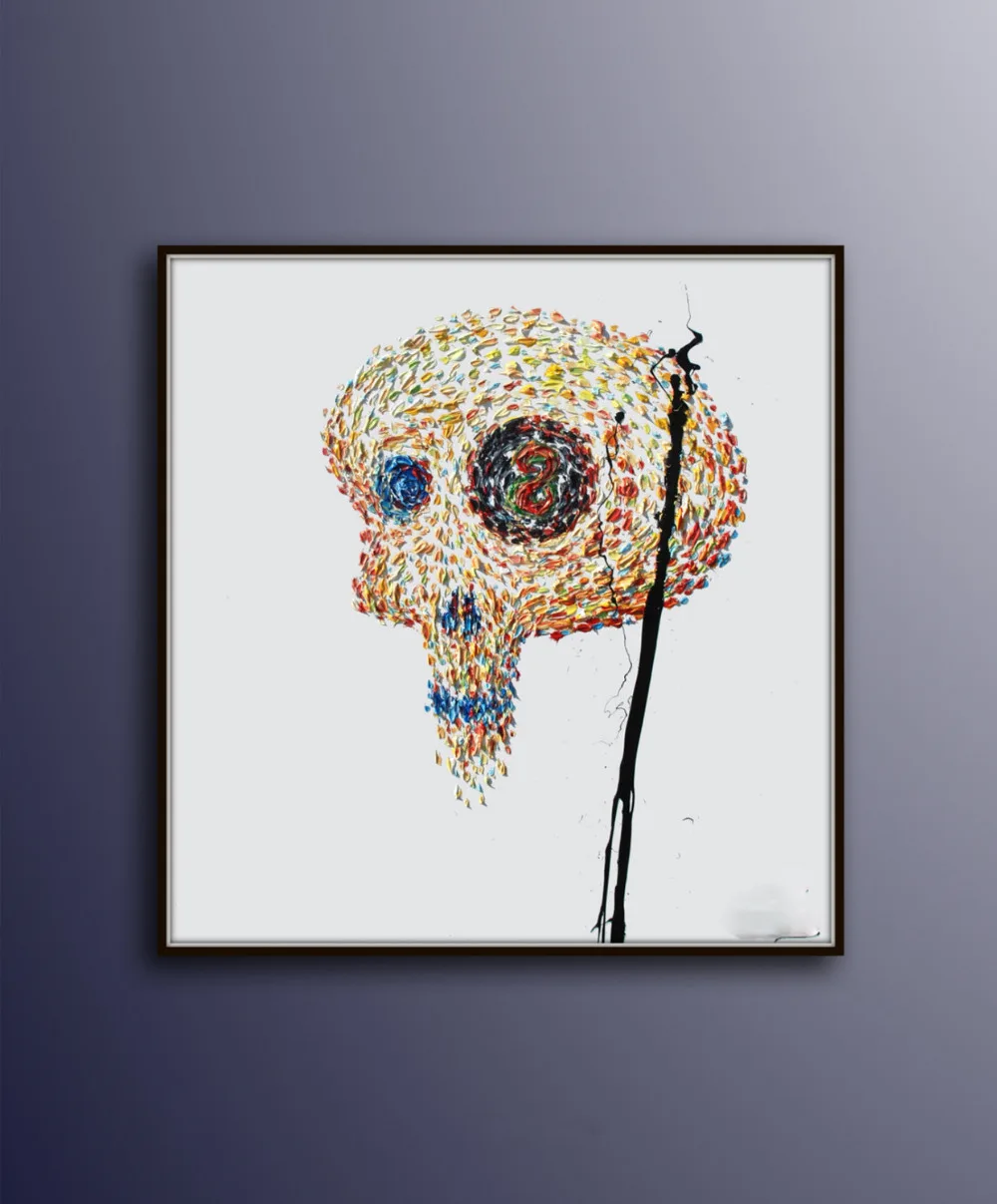 

Handmade Abstract Color Skull Oil Painting On Canvas Black Background Hand Painted Picture for Living Room Decor Wall Paintings