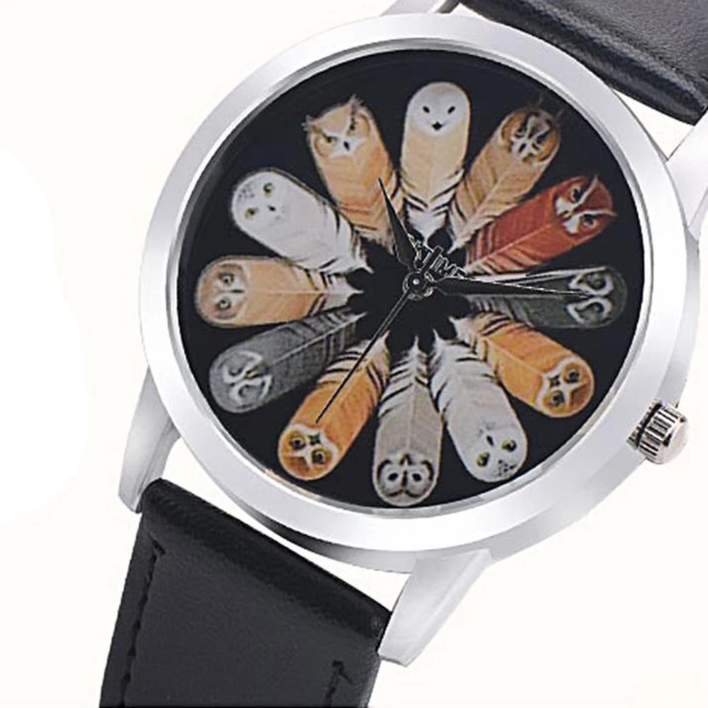Fashion luxury Unisex Owl Feather Quartz Round Dial School Student Wristwatch Wrist Watch Couple Accessory NEW HOT For Gift 