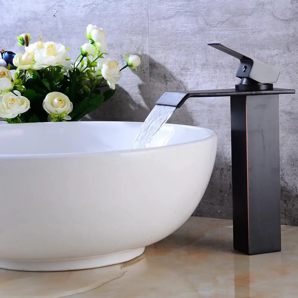 

Square Waterfall Basin Sink Faucet Water Tap Oil Rubble Bronze Faucets Hot and Cold Mixer Crane