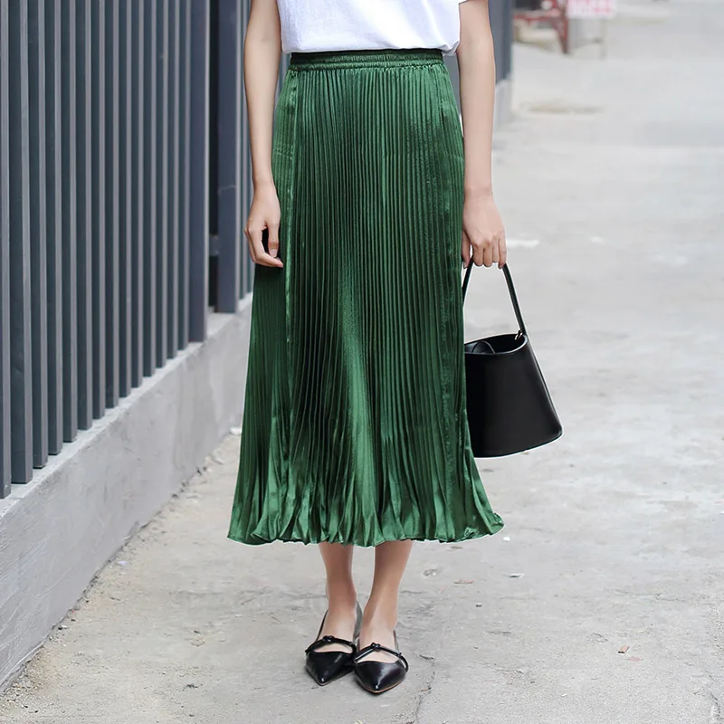 Yichaoyiliang Green Pleated Midi Skirts Ruffles Hem 2017 Summer Flared