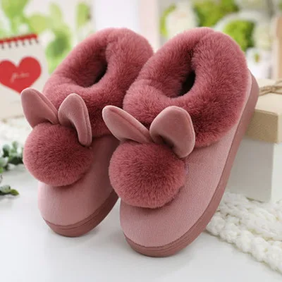 Высококачественные теплые модные зимние женские тапочки на плоской подошве; женские домашние тапочки с кроликом; обувь с искусственным мехом - Цвет: Rubber red