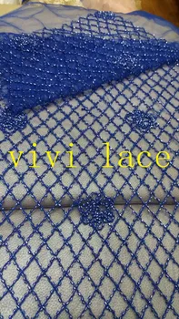 

ZJ004 blue glass beads flower embroidery french tulle mesh lace for stage show/wedding/evening dress/party,ship all over world