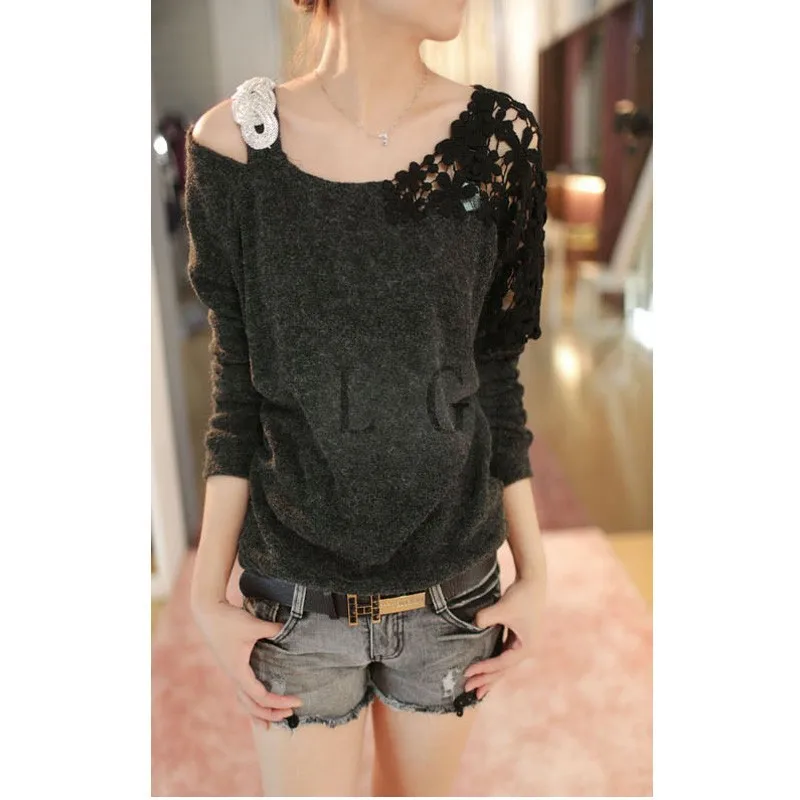 Sweaters 2014 Women Fashion Summer Spring Sweet Soft Knit Lace Shoulder Loose Sweater Tops Pink Blue 30 | Женская одежда